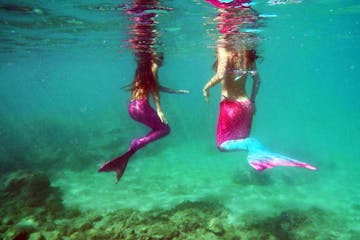 Two mermaids with their heads above water swimming in the water in Honolulu