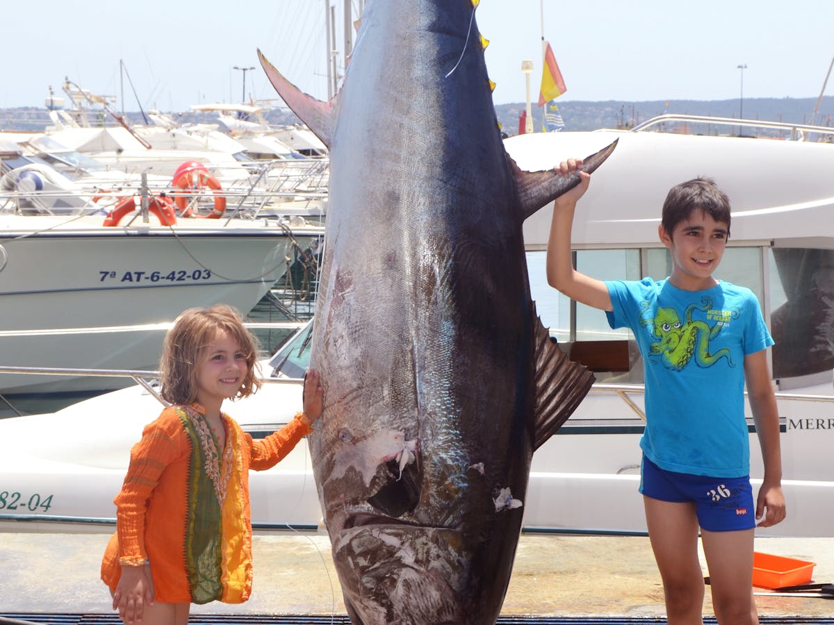 kids next to large tunafish