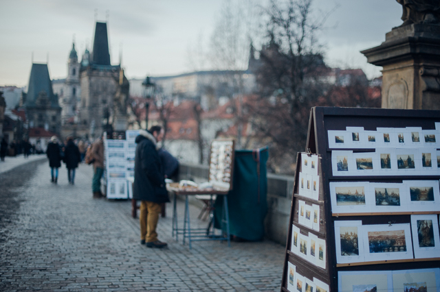 souvenirs for sale on the Charles Bridge in Prague