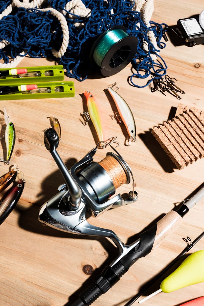 a group of fishing items on a table