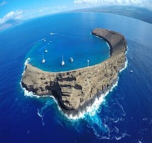 Aerial view of Maui's famous Molokini Crater dive site.