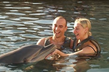 couple in water with dolphin