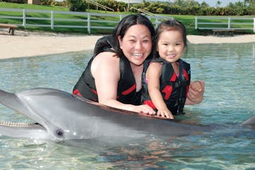 mom and little girl with dolphin