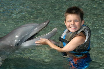 A little boy wearing wetsuit having a dolphin tour experience.