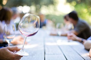 glass of wine against picnic table