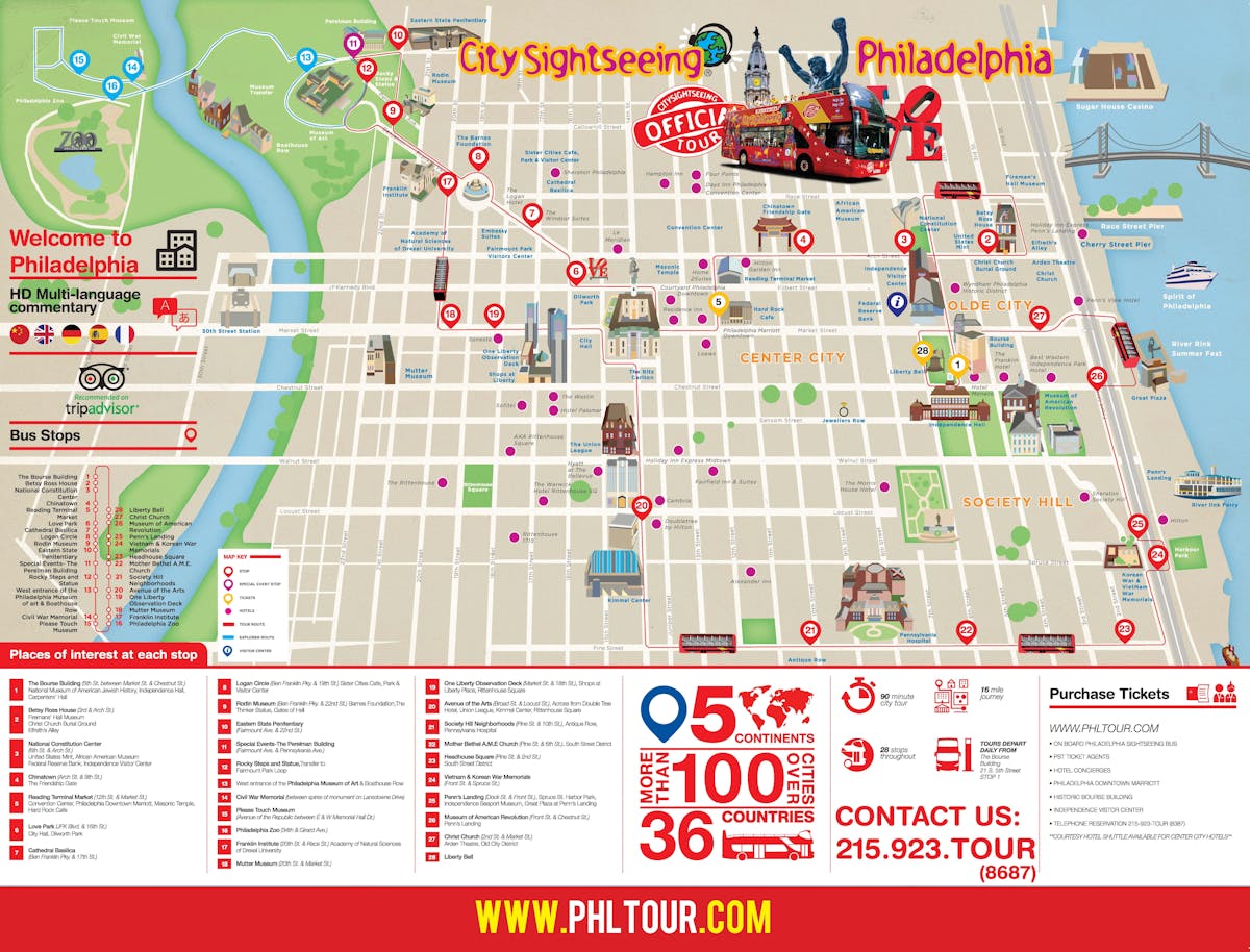 City Sightseeing Philadelphia hop-on/hop-off and night tour bus route map