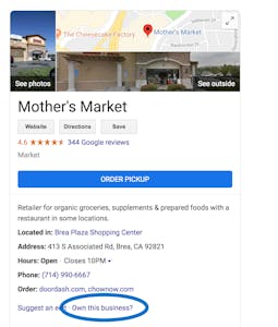 Google My Business "own this business?" example