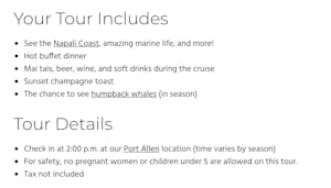 screenshot of tour inclusions and details listed in bullet points