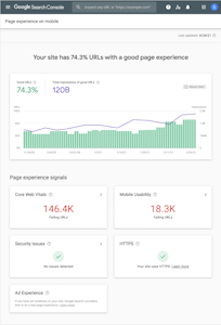 screenshot of the page experience report on google search console