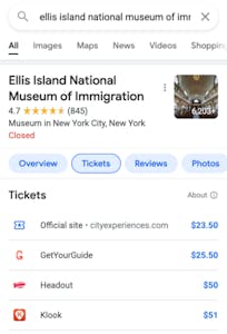screenshot of google things to do ticket purchasing options