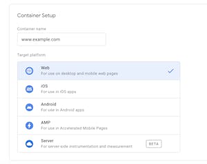 screenshot of google tag manager container setup