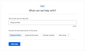 screenshot of google my business help form for merging profiles