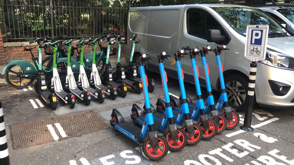 Rental electric scooters parked in London, U.K. 