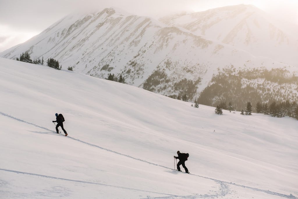 a group of people cross country skiing on a snow covered slope