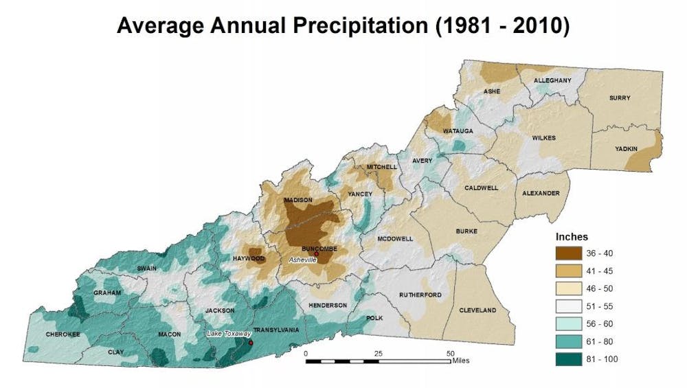 A map depicting average annual precipitation in Western North Carolina