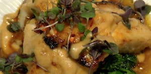 a close up of a plate of food covered in cheese and garnished with greens