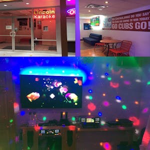a room with lots of colorful lights and a large TV screen