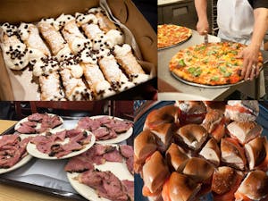 four snapshots of different foods including cannolis, pizza, sandwiches and meat