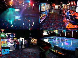 four snapshots of an arcade and a rollerskating rink