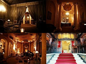 snapshots of the inside of a lavish mansion with drapes and pillars