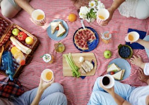 a bird's eye view of a picnic with flowers, juice, vegetables, pizza, sandwiches and more.
