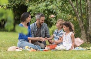 a family (man, woman, son, and daughter) enjoying a picnic in the park