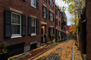 fall leaves on the ground the alleyway of a beautiful historic brick building in Boston
