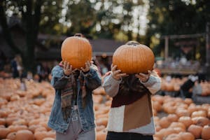 people in a pumpkin patch holding pumpkins to cover their faces