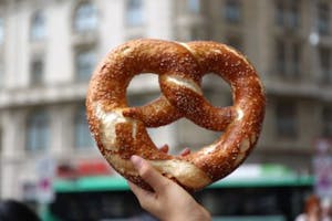 a close up of a soft pretzel