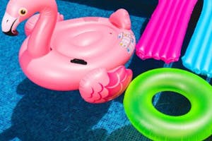 a pink flamingo float and other neon pool floats floating in a pool
