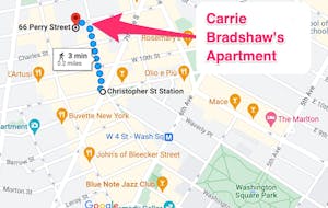 a map with a large pink arrow and blue dotted walking map to Carrie Bradshaw's apartment
