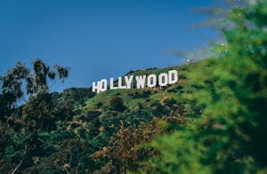 a view of the hollywood sign in summer with lush green trees and a clear blue sky