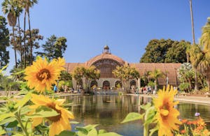 Museum at Balboa Park in San Diego entrance with sunflowers