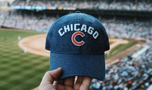 A close up of a hat someone is holding up that says Chicago with Cubs "C" logo in front of their field