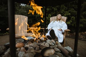 cold day, woman in robe, scandinave spa