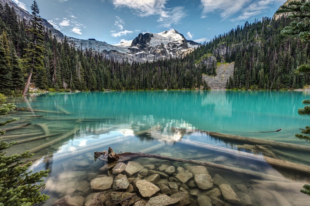 Crystal clear water, mountains and forest of Joffre Lake Canada