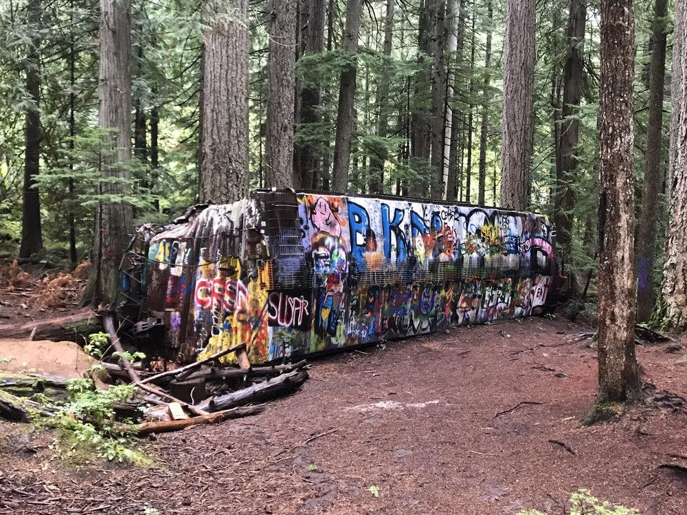 A train wreck covered in grafitti in Whistler