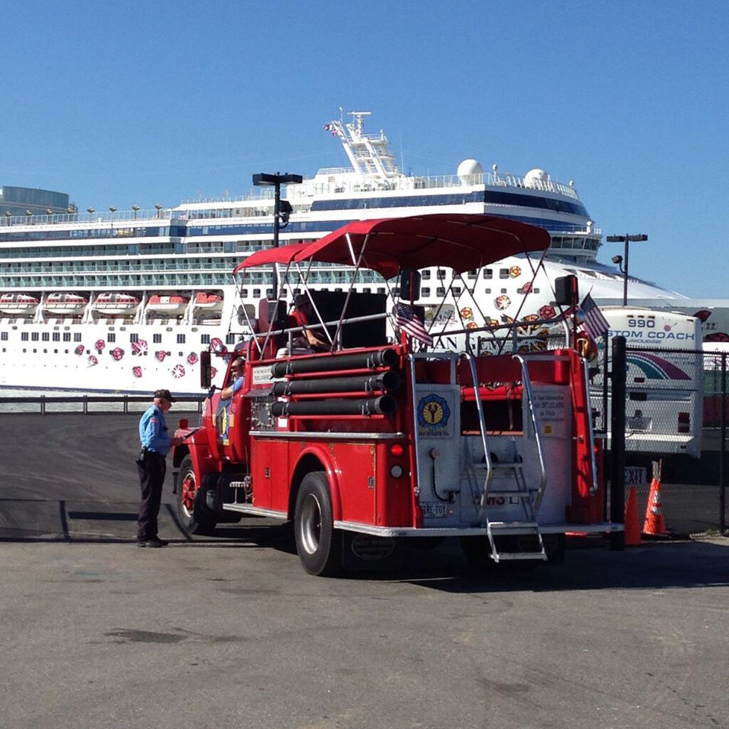 Fire Engine in front of Crusie Ship in Portland Maine