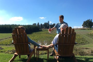 a couple enjoying wine in chairs at a vineyard holding hands