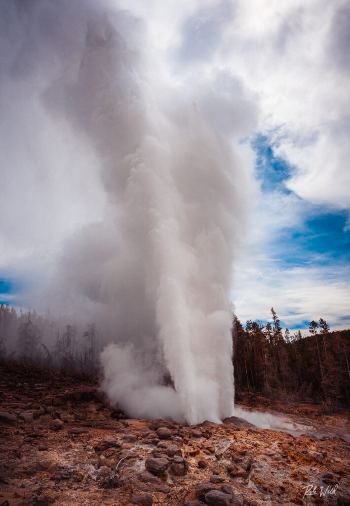 Steamboat Geyser shoots water 300 or more feet into the air in full eruption in Yellowstone National Park.