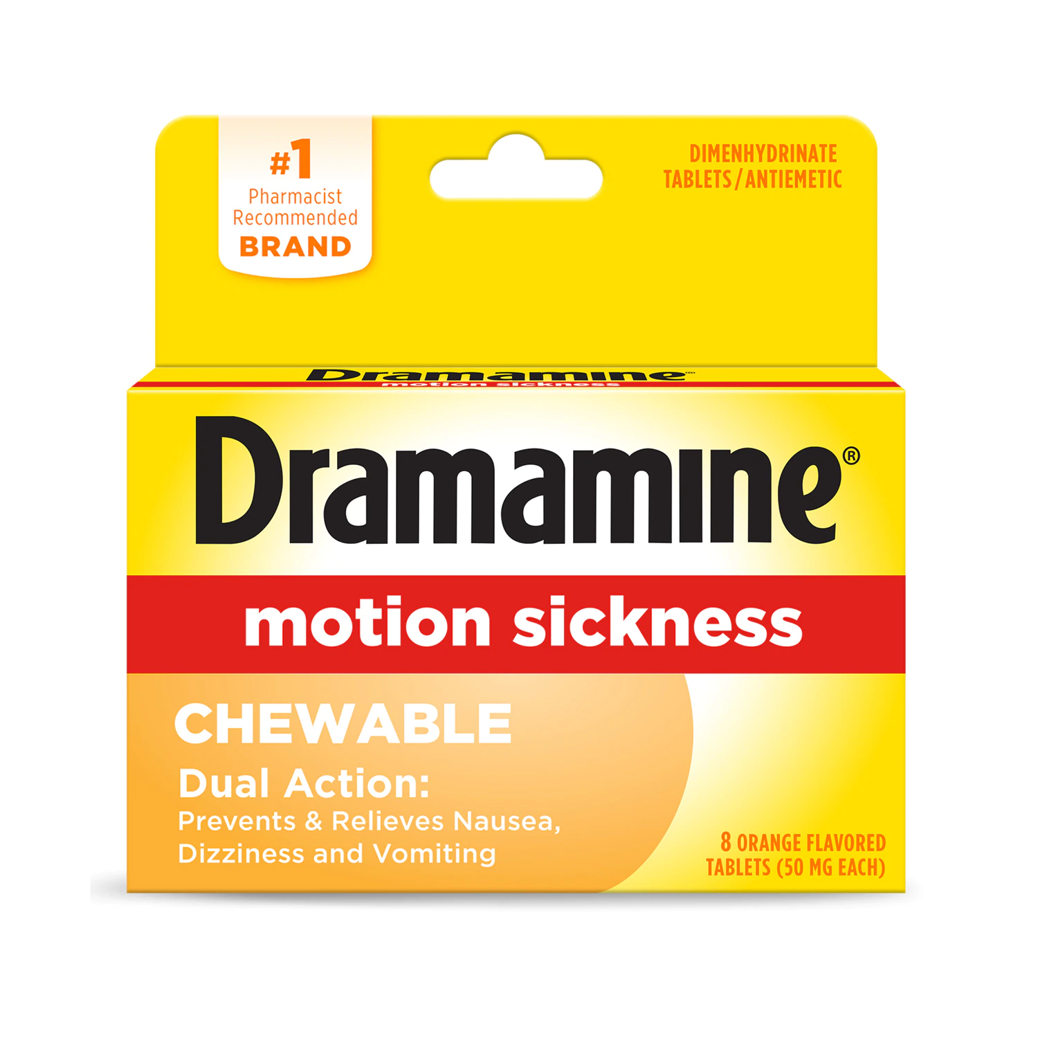 a box of dramamine motion sickness chewable tablets