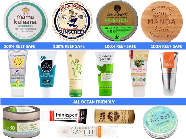 a compilation poster of 15 different sunscreen brands that are considered reef-safe