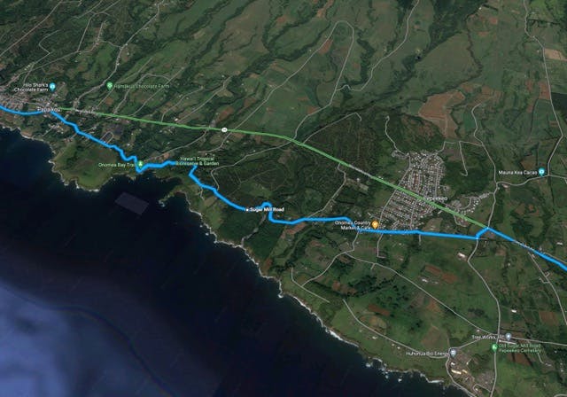 a google maps aerial view of a route along the lush coastline of the big island