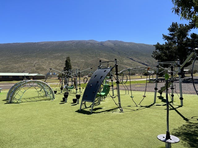 a playground with grassy floor and a mountain behind