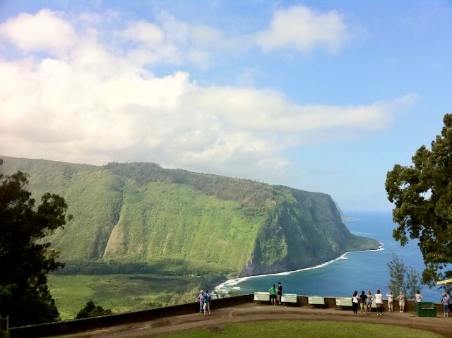 a view of a lush valley opening into the ocean and people looking out