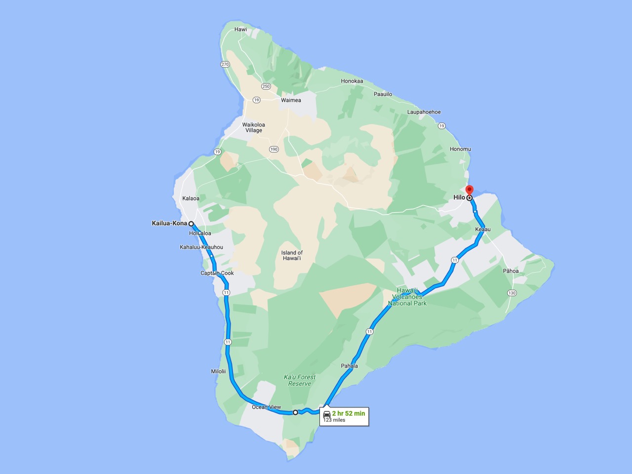 map of route from kona to hilo on the big island of hawaii with a route going around the south end of the island