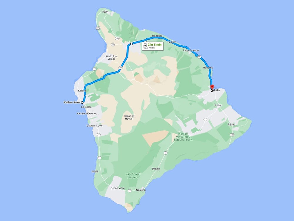 map of route from kona to hilo on the big island of hawaii with a route going around the north part of the island