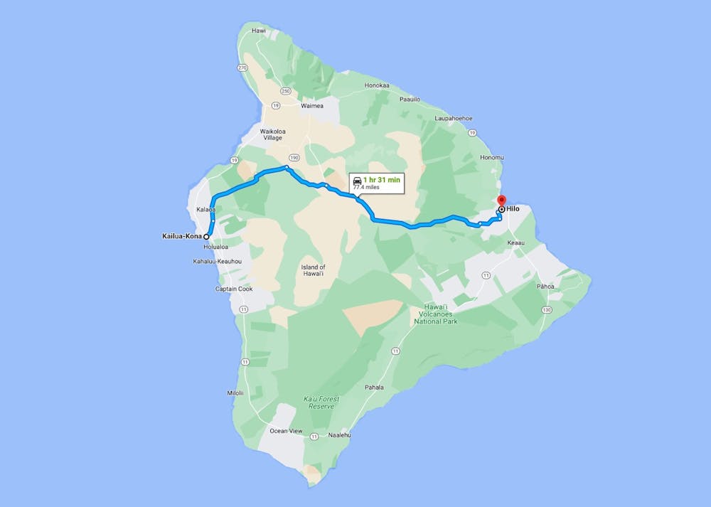 map of route from kona to hilo on the big island of hawaii with a route going through the middle of the island