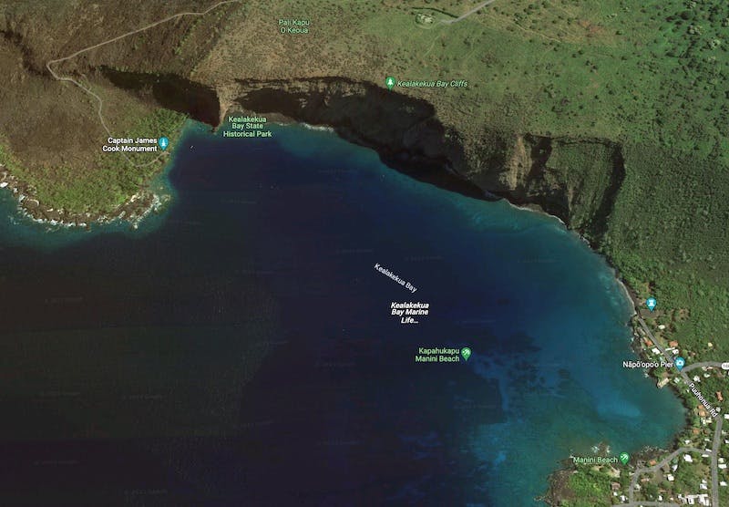 an aerial google maps view of Kealakekua Bay