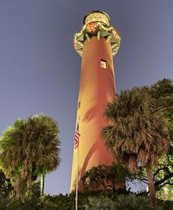 a clock tower in front of a palm tree